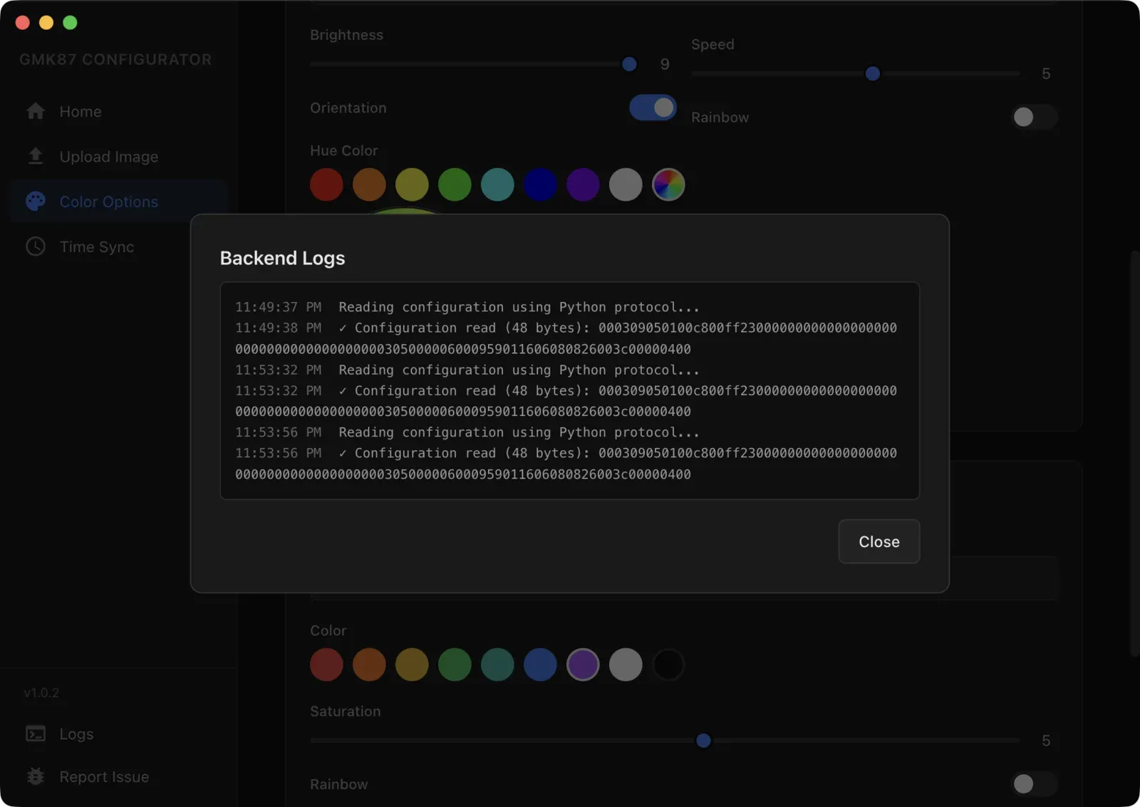 The backend log panel showing raw configuration bytes read back from the keyboard