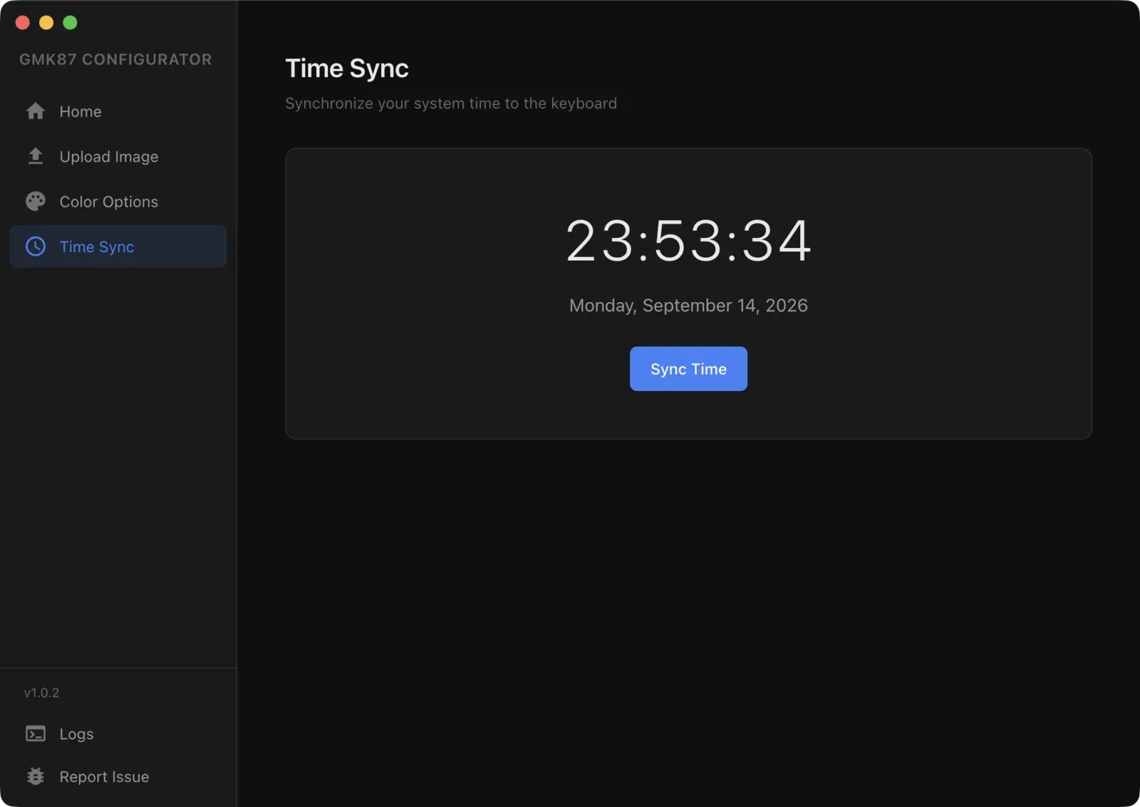 The Time Sync screen, showing the current time and a single sync button