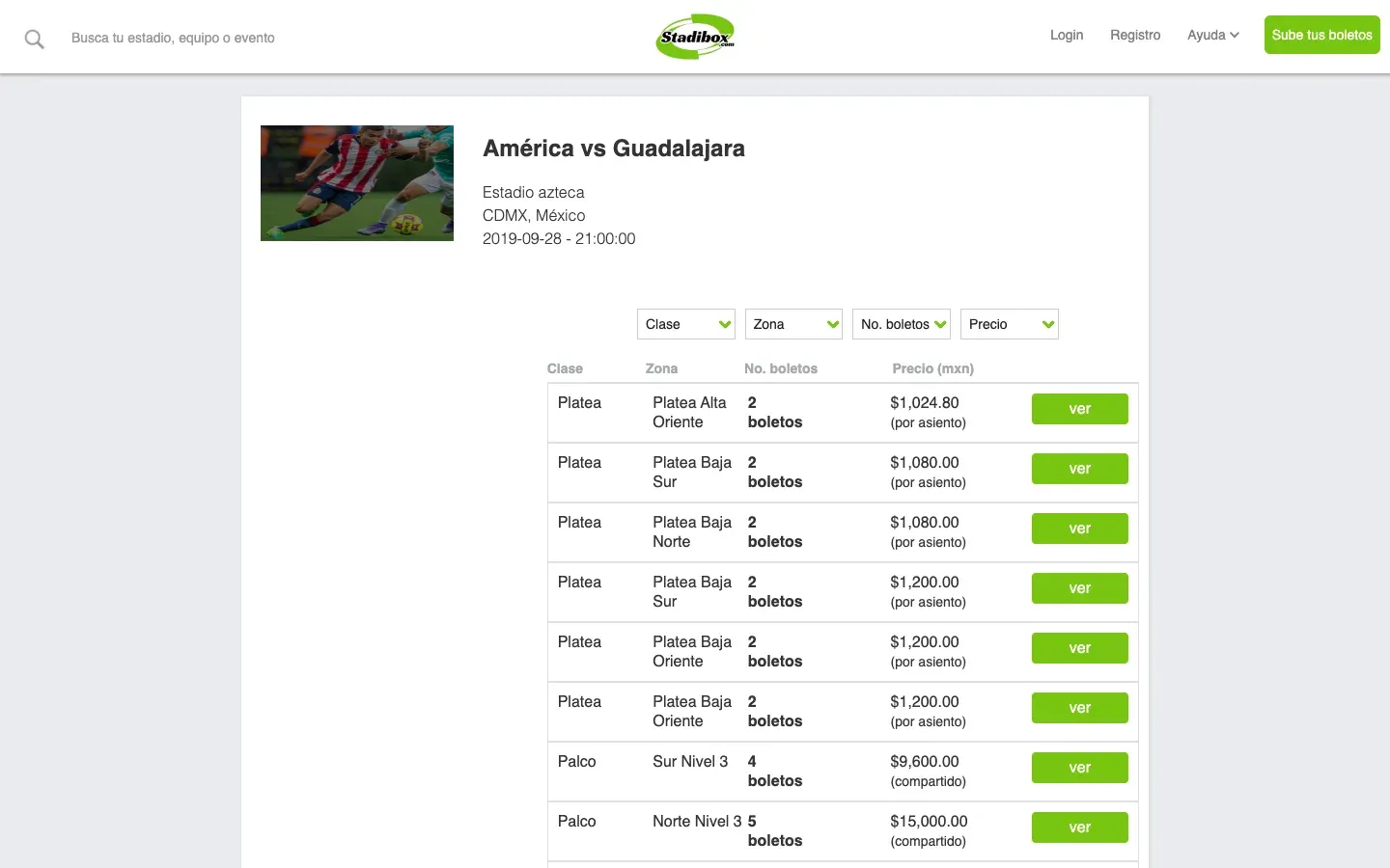 An event page listing boxes and bleacher seats by class, zone, ticket count and price