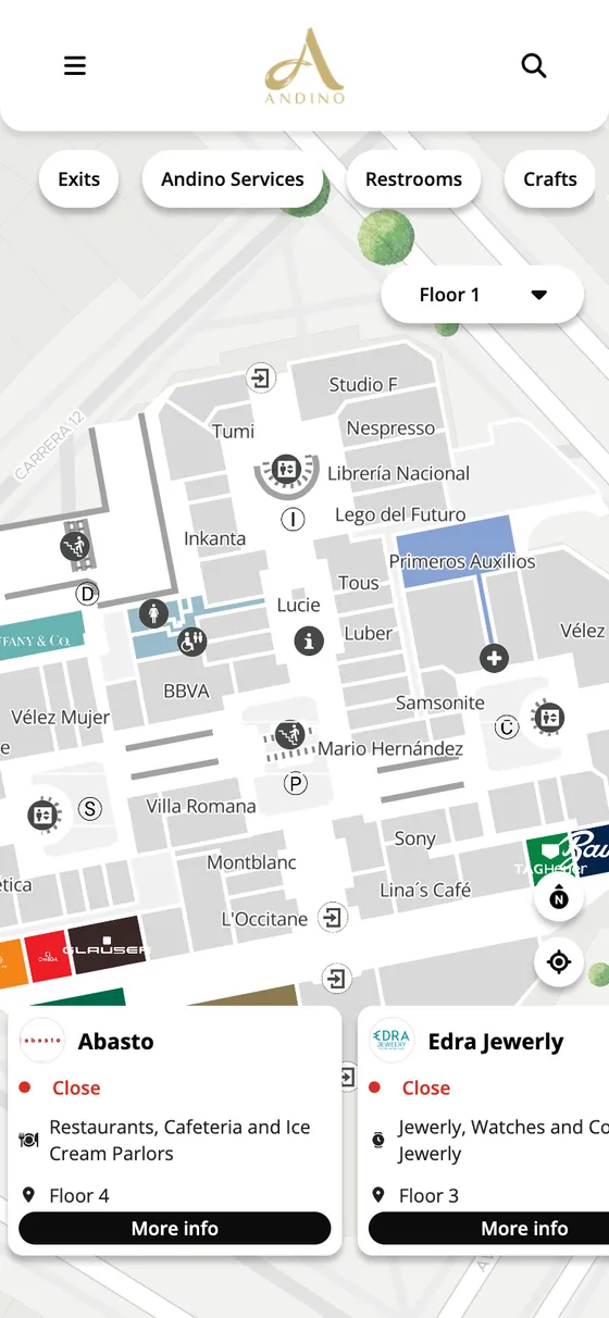 Centro Comercial Andino, a flat mall map in gold and grey with its own branding